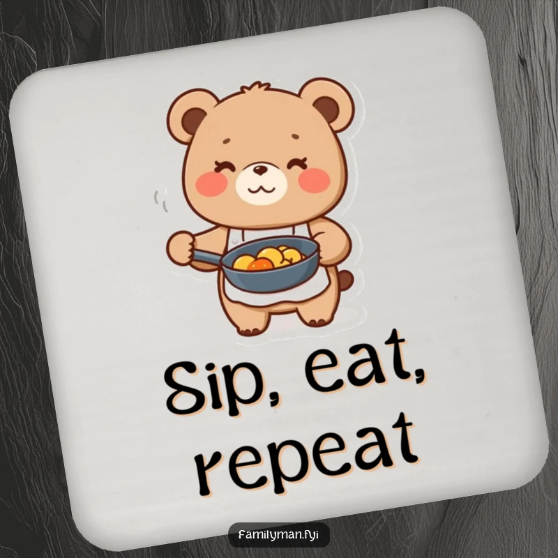 Funny cute bear character in apron, holding a frying pan with food, on a drink coaster.