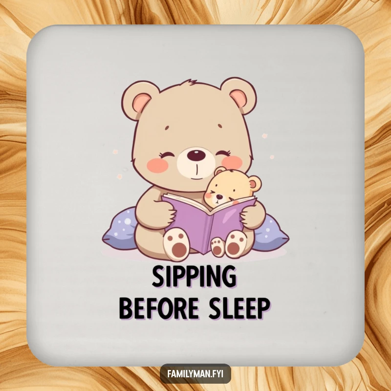 Funny happy bear cub reading a bedtime story to a tiny cub on a drink coaster.