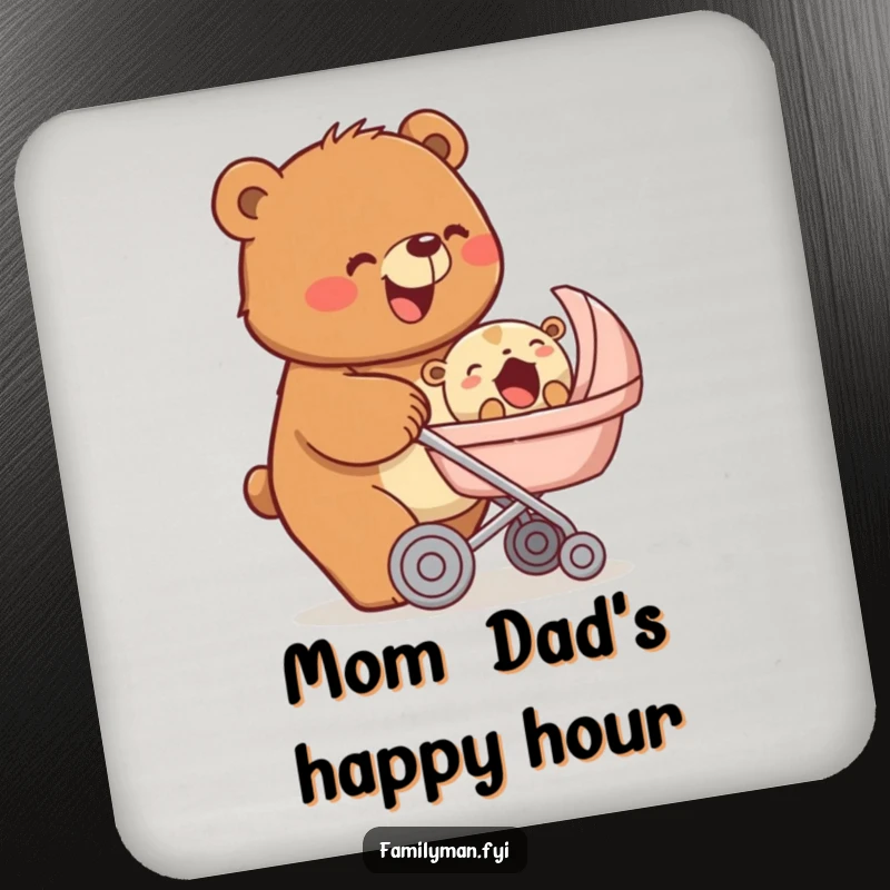 Funny drink coaster featuring a beaming bear pushing a stroller with a yawning baby animal, adding parental charm and protecting surfaces, a funny gift.