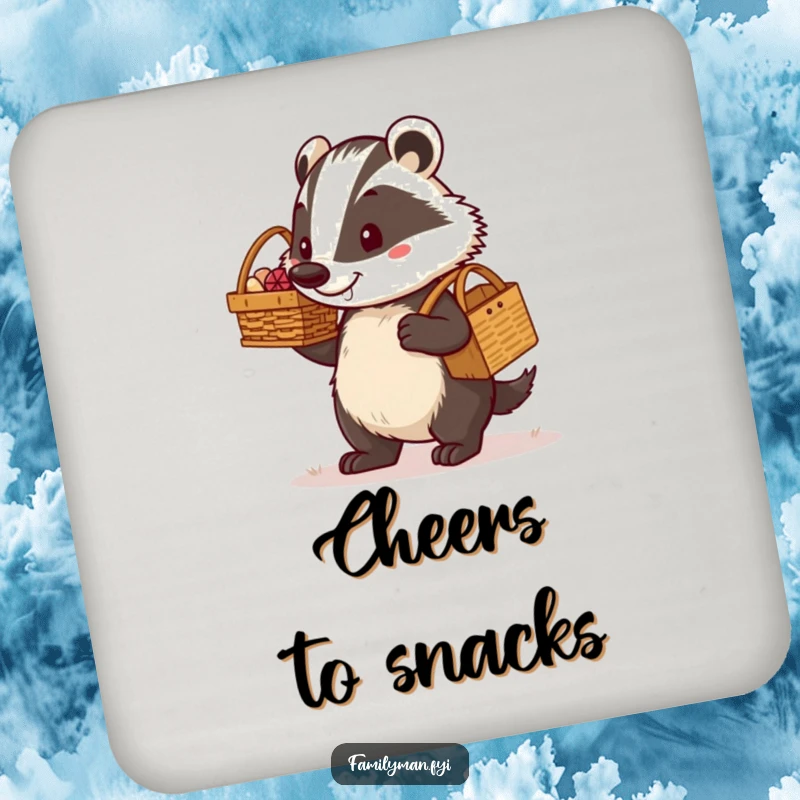 Funny determined dad badger carrying a picnic basket with a proud grin, printed on protective drink coasters. A humorous and practical accessory for any setting.