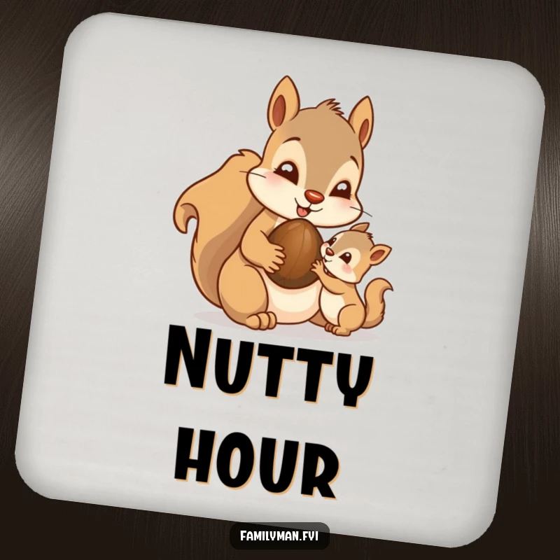 Funny Dad Squirrel Coaster: A doting father squirrel character sharing a nut with its young, symbolizing sweet generosity.
