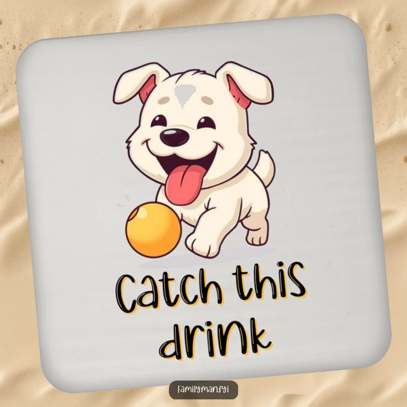 Funny coaster with a happy dog, tongue lolling out, enthusiastically chasing a bouncing ball.