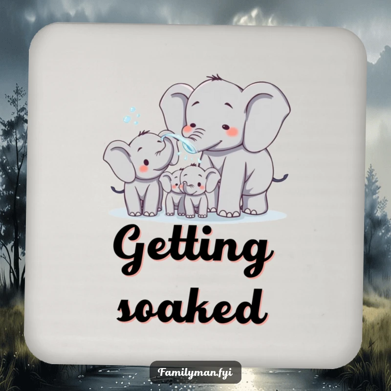 Funny elephant dad spraying water on his family, printed on protective drink coasters. A humorous and practical accessory for any home bar.