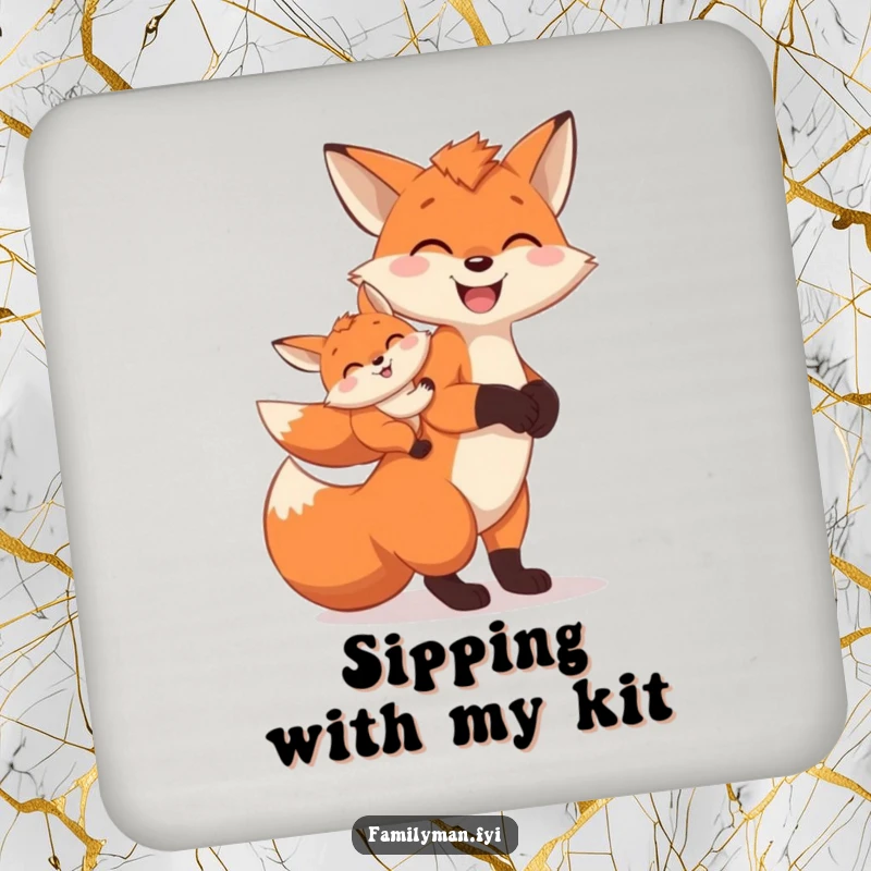 Funny Coaster featuring a cheerful father fox carrying a baby fox on its back, adding a heartwarming touch.