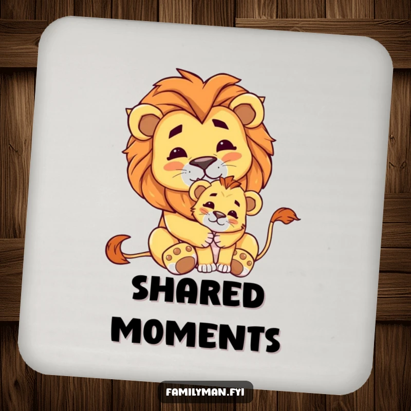 Funny drink coaster with a proud lion embracing a small cub, bringing regal charm and protection to any surface.