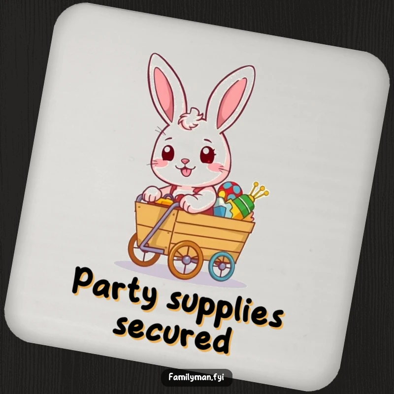 Funny rabbit coasters with a determined look pushing an overflowing toy cart, protecting surfaces with playful humor.