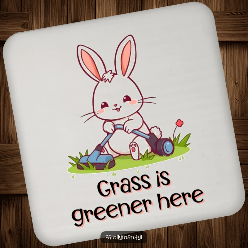 Funny coasters featuring a cheerful rabbit mowing a small, tidy lawn, adding garden-themed charm to tabletops.