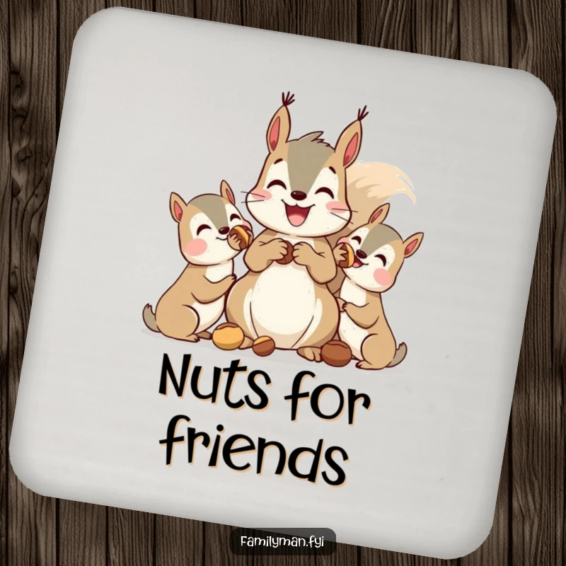 Funny squirrel coaster, a squirrel sharing nuts with friends, perfect for protecting surfaces with cute humor.