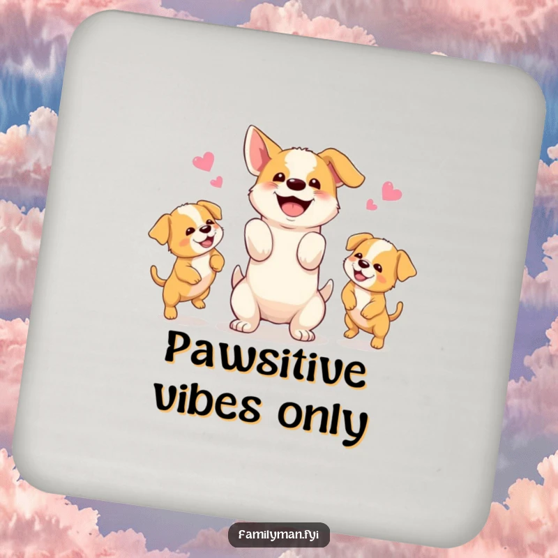 Funny coasters featuring a happy dog juggling three playful puppies, adding canine charm to your tabletops.