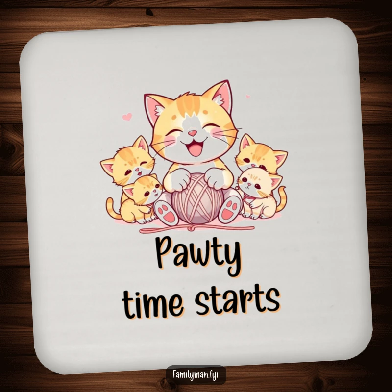 Funny drink coasters featuring a joyful cat character playing with yarn, surrounded by playful kittens, protecting surfaces with humorous feline charm.