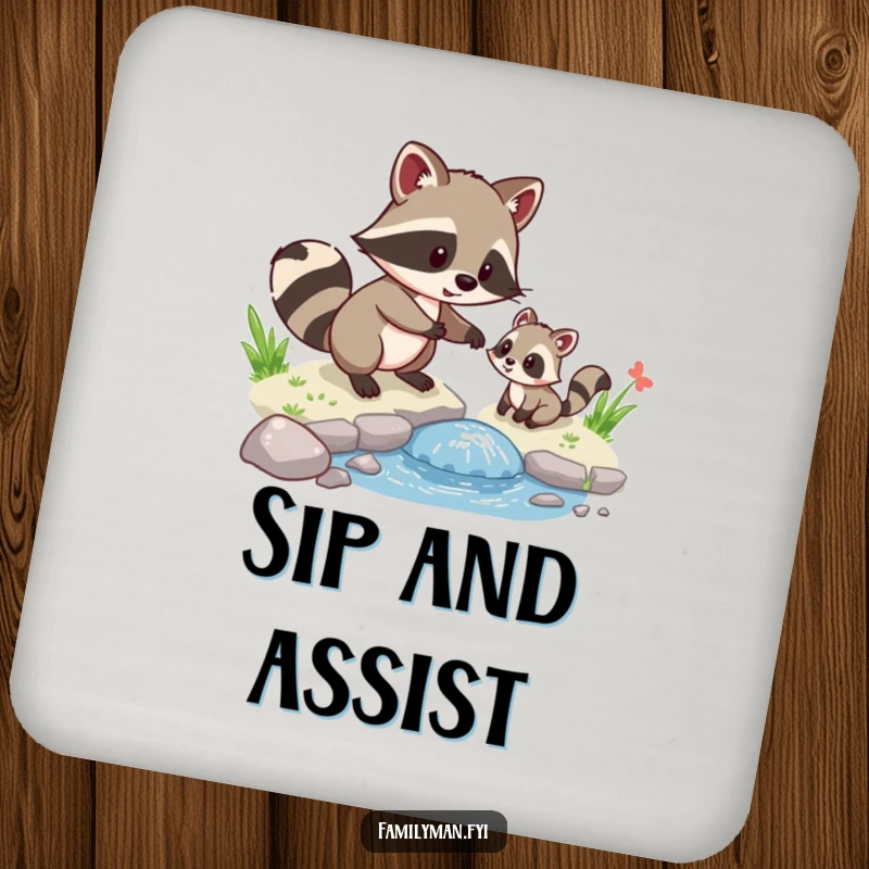 Funny Raccoon Helper Coaster, a playful raccoon helping a small animal cross a stream, bringing cute humor to tables.