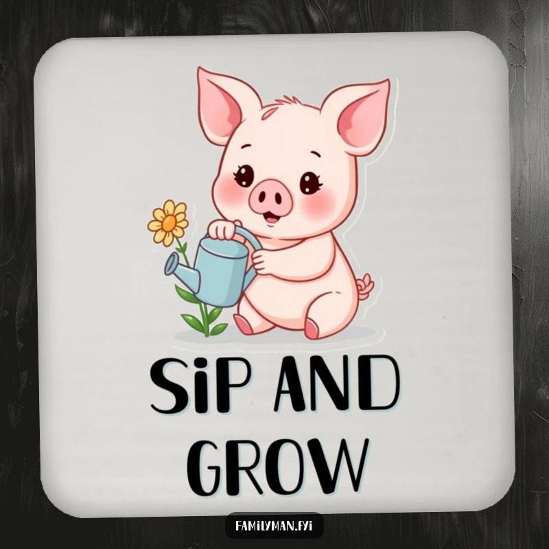 Funny coaster with a cheerful piglet holding a tiny watering can, tending to a small, smiling flower.