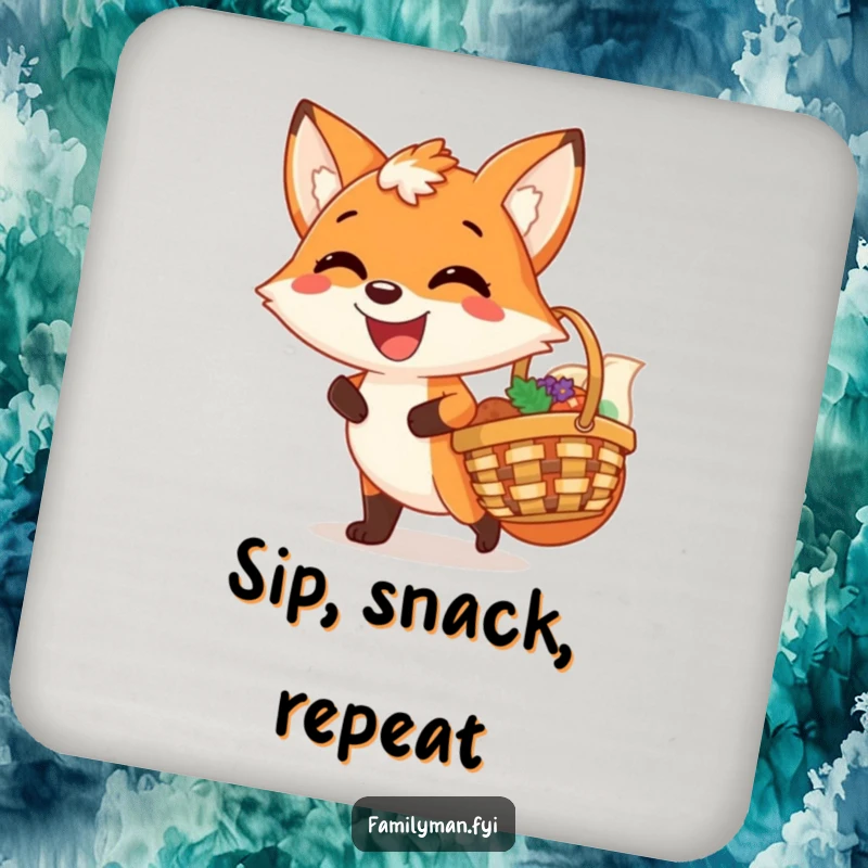 Funny coaster featuring a joyful fox with a contented grin, carrying a picnic basket, protecting surfaces with woodland charm.