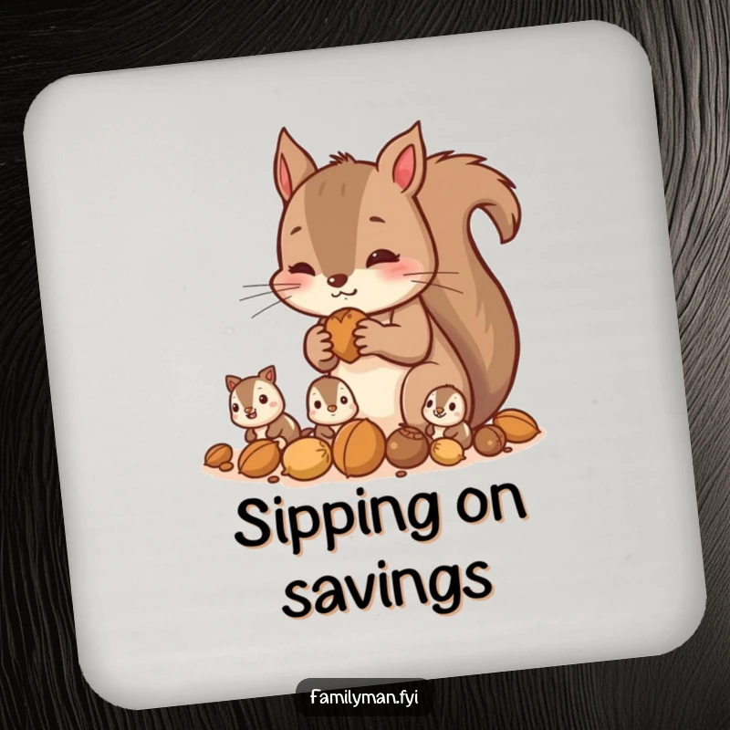Funny squirrel coasters depicting a parent squirrel gathering nuts with its children, adding humorous protection to tables.