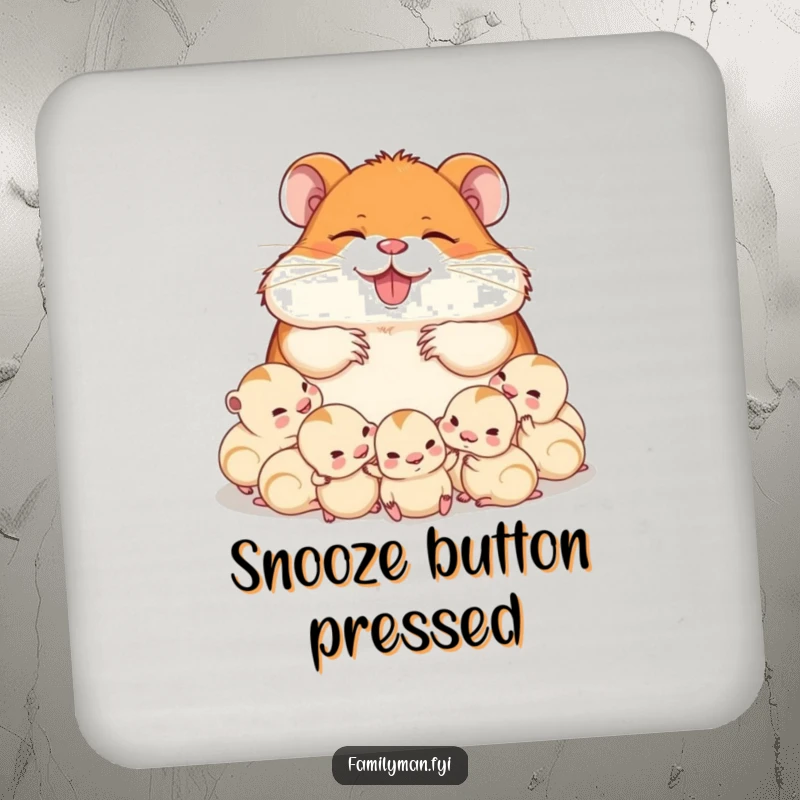 Funny delighted dad hamster napping with his babies, printed on protective drink coasters. A humorous and adorable accessory for any home.