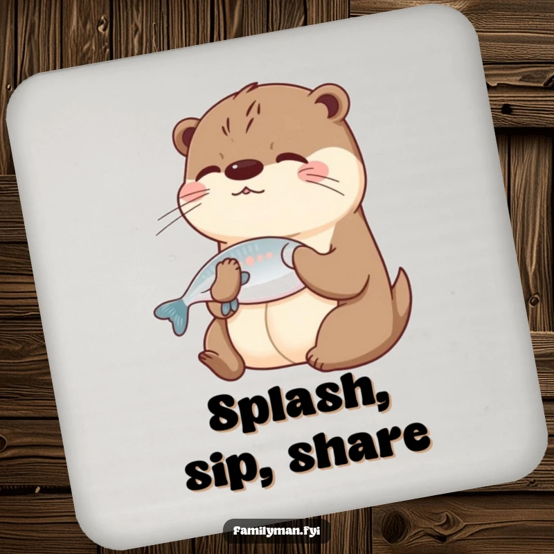 Funny Otter Coasters illustrating otters sharing a fish, providing humorous table protection and celebrating friendship.