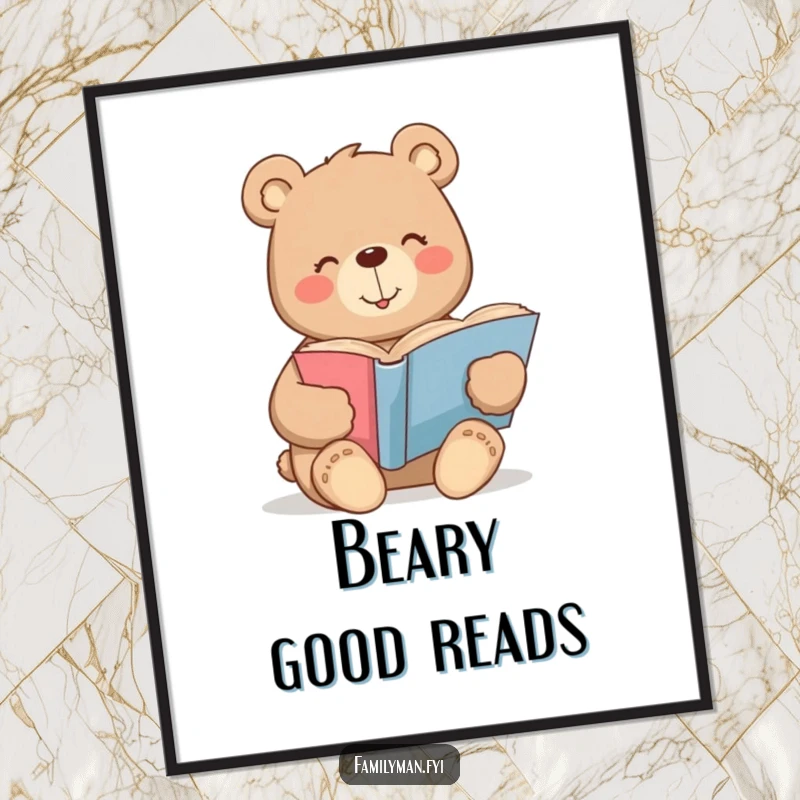 Funny bear poster with a warm smile contentedly reading a large storybook, whimsical wall art for readers.