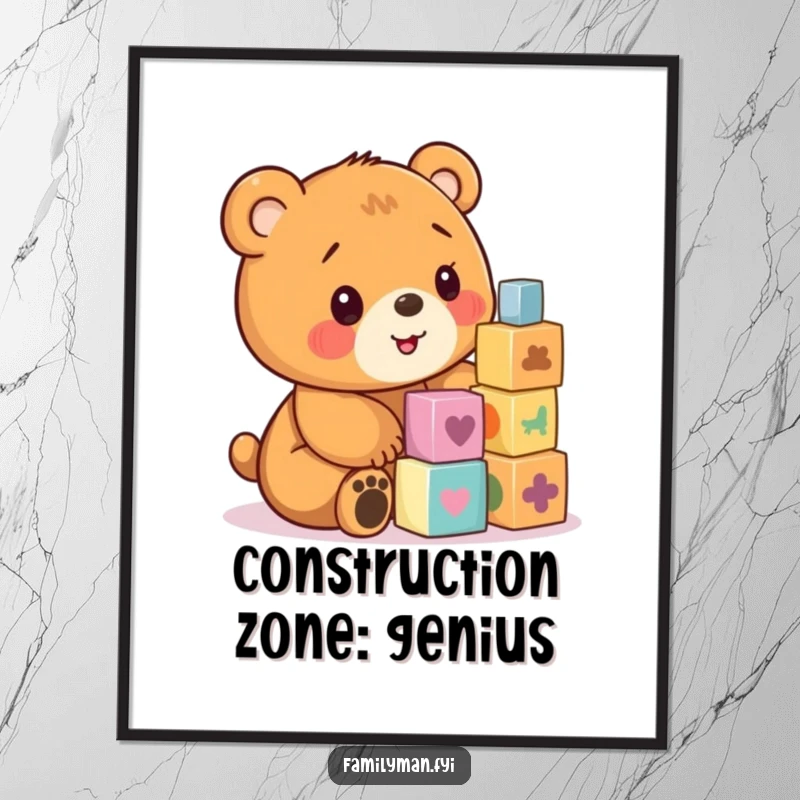 Funny poster art of a happy bear cub concentrating on stacking colorful wooden blocks.