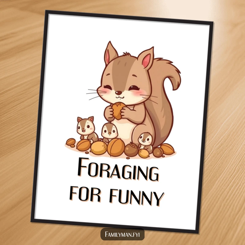 Funny squirrel poster illustrating a parent squirrel gathering nuts with its children, a humorous and charming artwork.