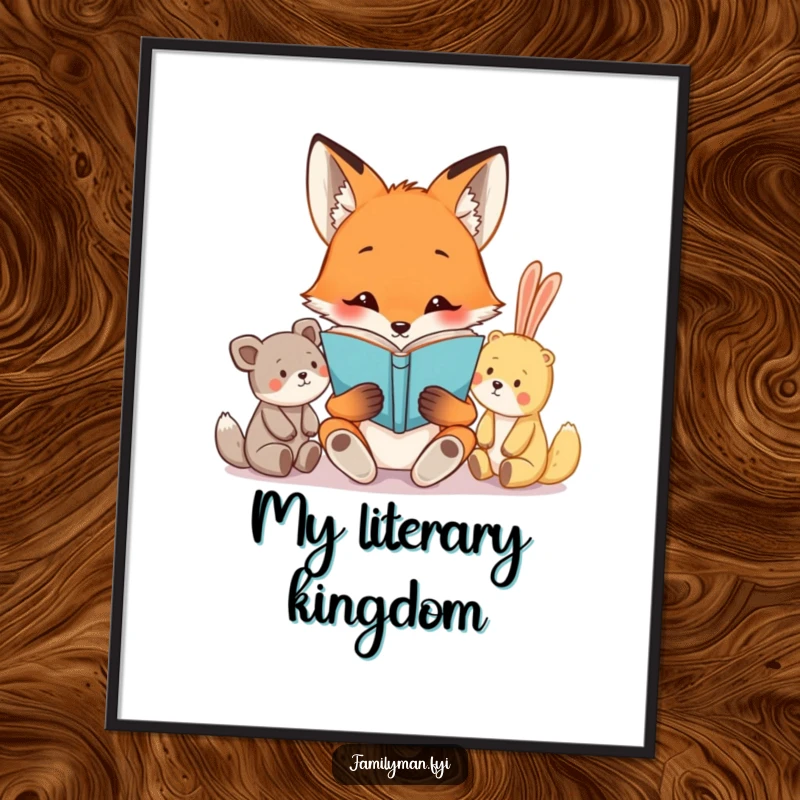 Funny poster print of a curious fox reading a book to a group of attentive stuffed animals, creating a heartwarming and amusing wall art piece.