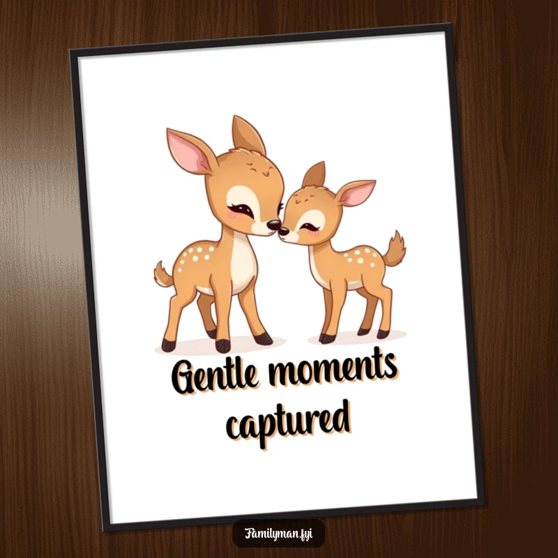 Funny deer poster capturing a mother deer gently nudging her fawn, a humorous and heartwarming wildlife illustration.