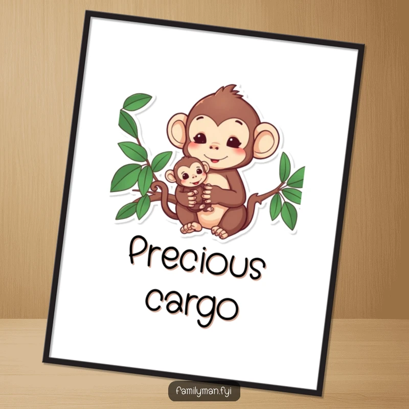 Funny Monkey Poster: Content monkey character holding its baby, symbolizing unconditional love and family togetherness.