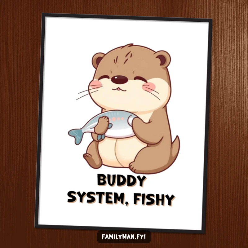 Funny Otter Poster artwork depicting a playful otter sharing a fish with a friend, perfect for humorous wall decor.
