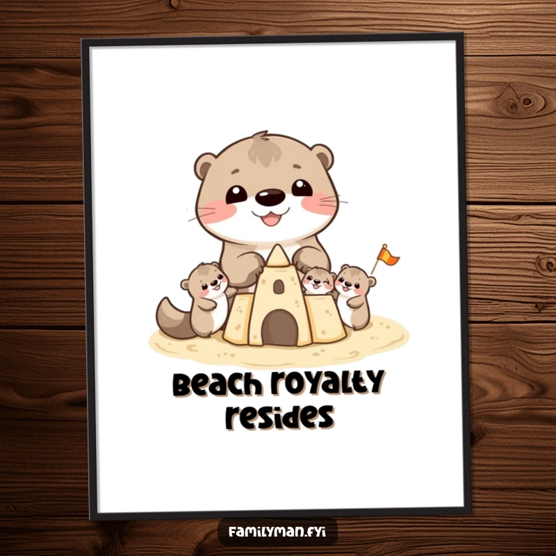 Funny Otter Poster: A cheerful otter parent and two playful pups meticulously build a sandcastle on a sun-drenched beach, radiating family fun.