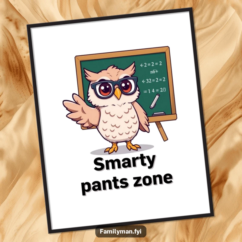 Funny Owl Professor Poster showing an intelligent owl with glasses lecturing at a blackboard filled with math.