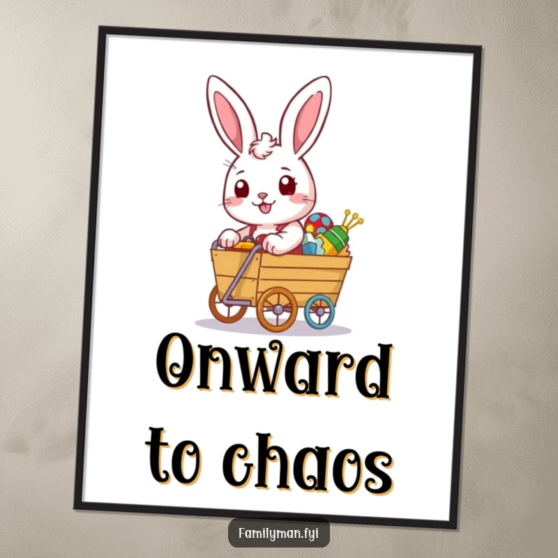 Funny rabbit poster with a determined look pushing an overflowing toy cart, whimsical wall art about collecting.