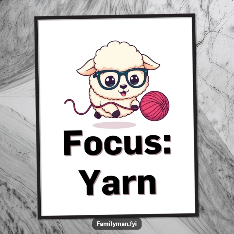 Funny Poster featuring a fluffy sheep dog wearing big glasses, in a comical pursuit of a bouncing yarn ball.
