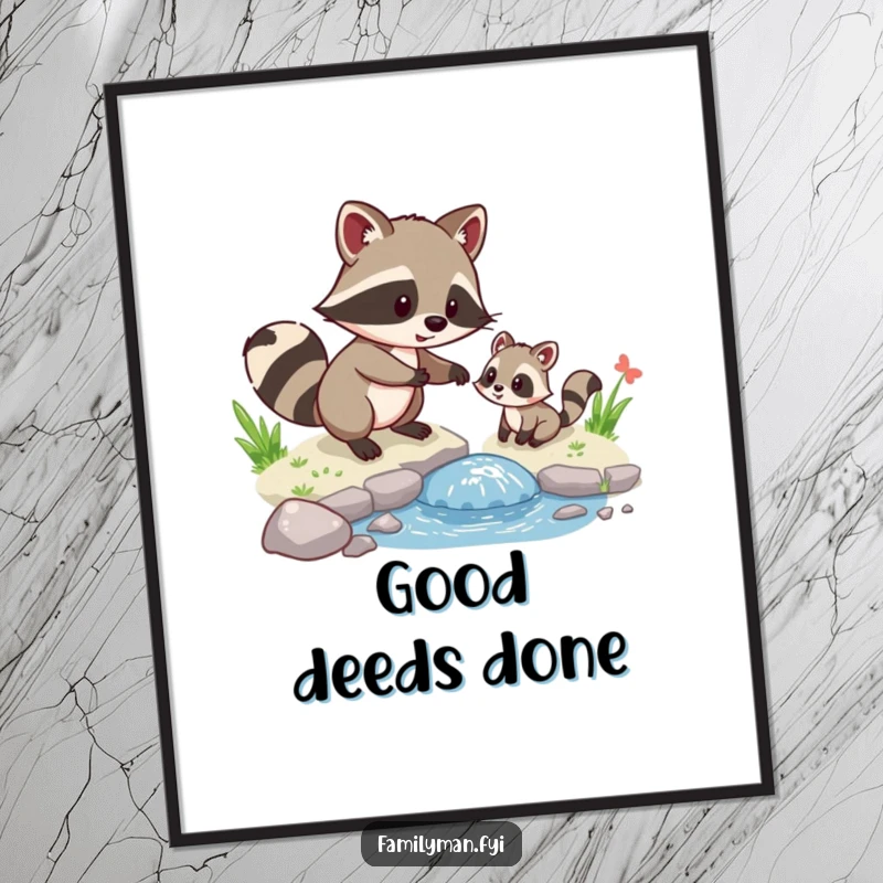 Funny Raccoon Helper Poster depicting a playful raccoon assisting a small animal across a tiny stream with a humorous touch.