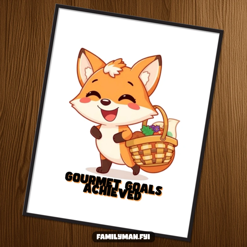 Funny poster art of a joyful fox with a huge, satisfied grin, carrying a picnic basket, bringing woodland charm indoors.