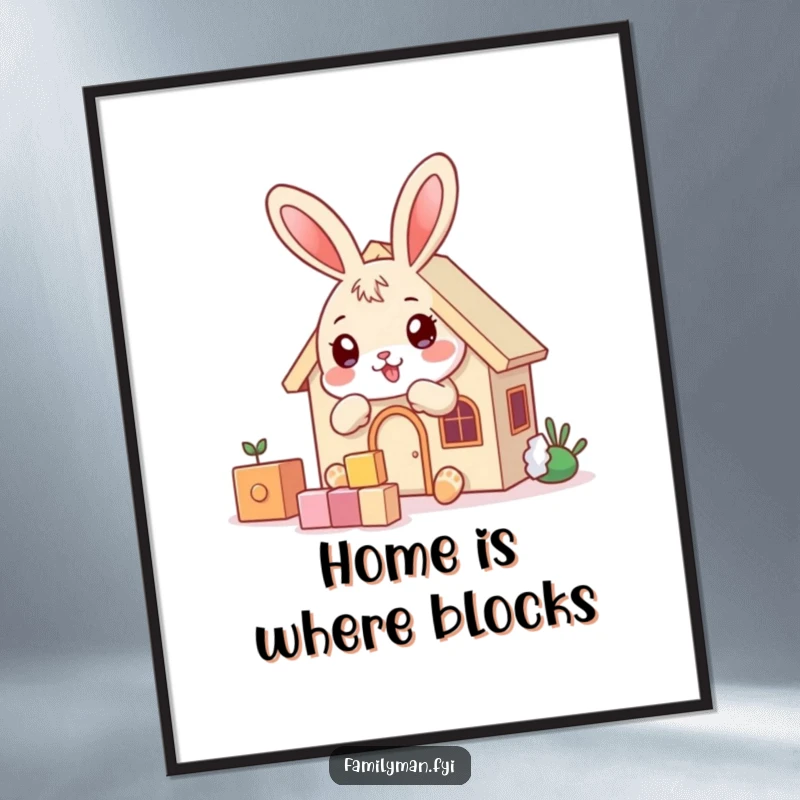 Funny playful bunny character building a house with blocks, as wall art for a creative space.