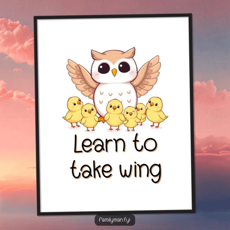 Funny owl character teaching chicks to fly, depicted as a vibrant and humorous poster, perfect for wall decor.