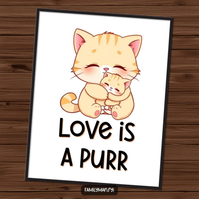 Funny Cat Poster artwork depicting a cat hugging a kitten, perfect for humorous and heartwarming wall decor.