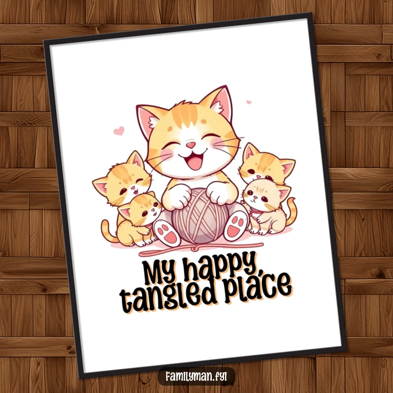Funny poster print of a joyful cat character playing with a ball of yarn, surrounded by cute, playful kittens, creating a heartwarming and amusing artwork.