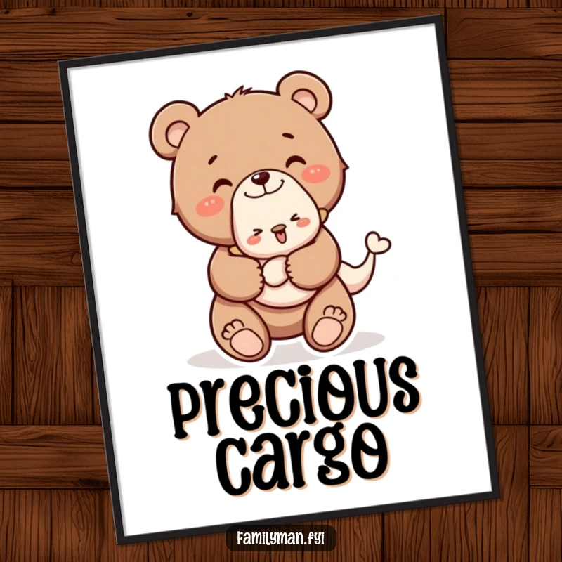 Funny poster of a happy bear cub carrying a baby animal piggyback, celebrating friendship and sweet, heartwarming moments.