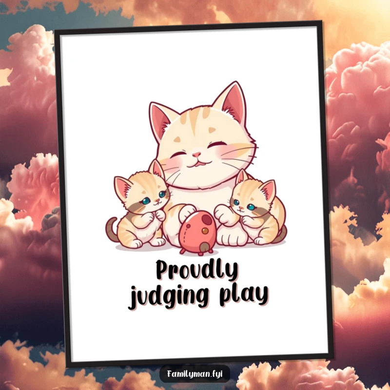 Funny proud dad cat watching kittens bat at a toy mouse, a humorous wall poster. Captures paternal pride and the delightful chaos of kittenhood.