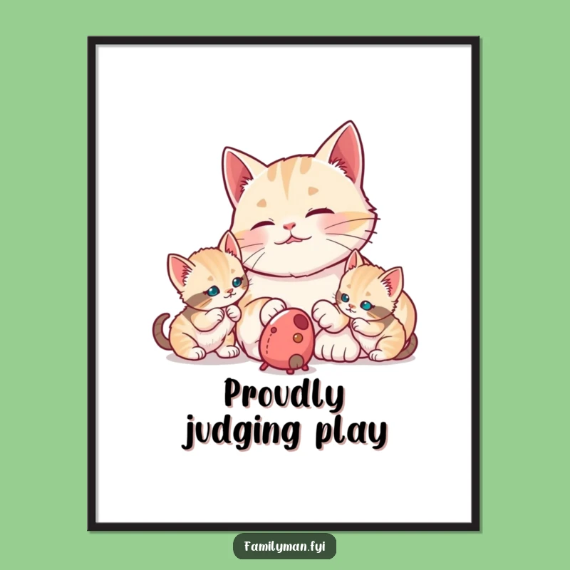 Funny Dad Cat Poster: Proudly Watching Kittens Art, Humorous Decor