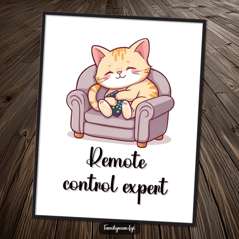 Funny poster art of a plump cat relaxing on a tiny couch, holding a TV remote.