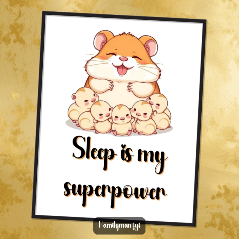 Funny delighted dad hamster napping surrounded by his babies, a humorous wall poster. Evokes feelings of comfort, security, and gentle fatherhood.