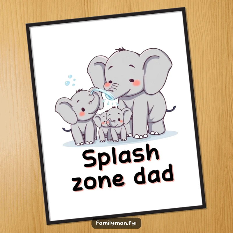 Funny elephant dad spraying water on his family, a vibrant poster capturing playful joy and fatherly affection. Humorous wall art for a cheerful atmosphere.