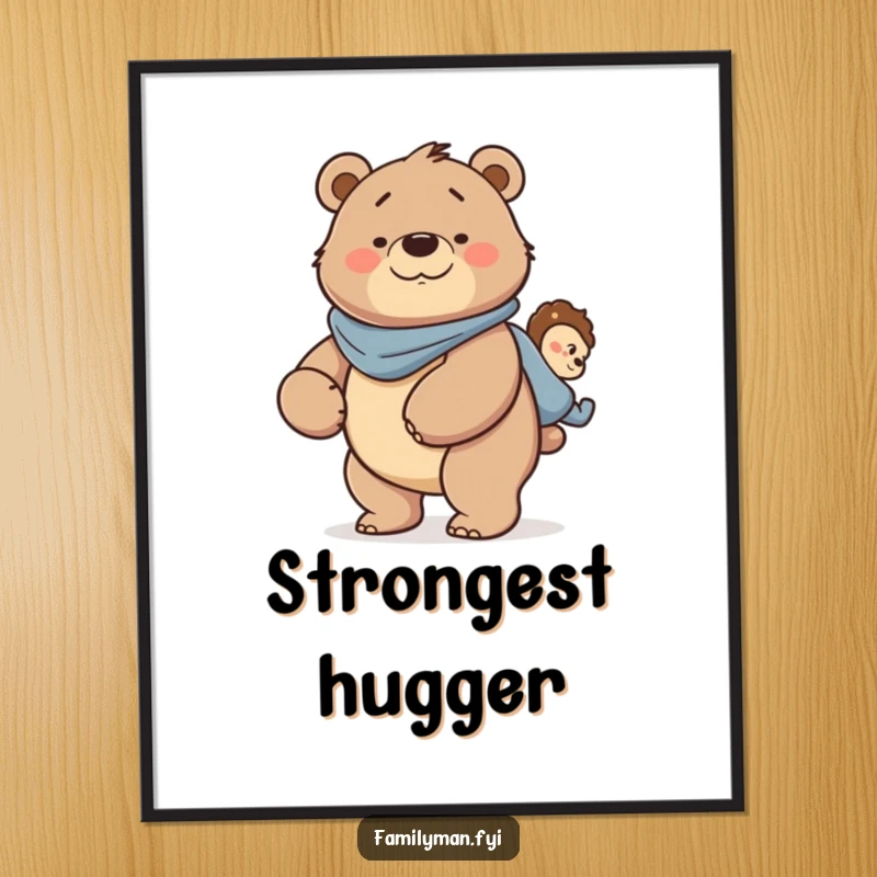 Funny Dad Bear Poster: A strong father bear character smiling joyfully while giving a piggyback ride, representing paternal strength.