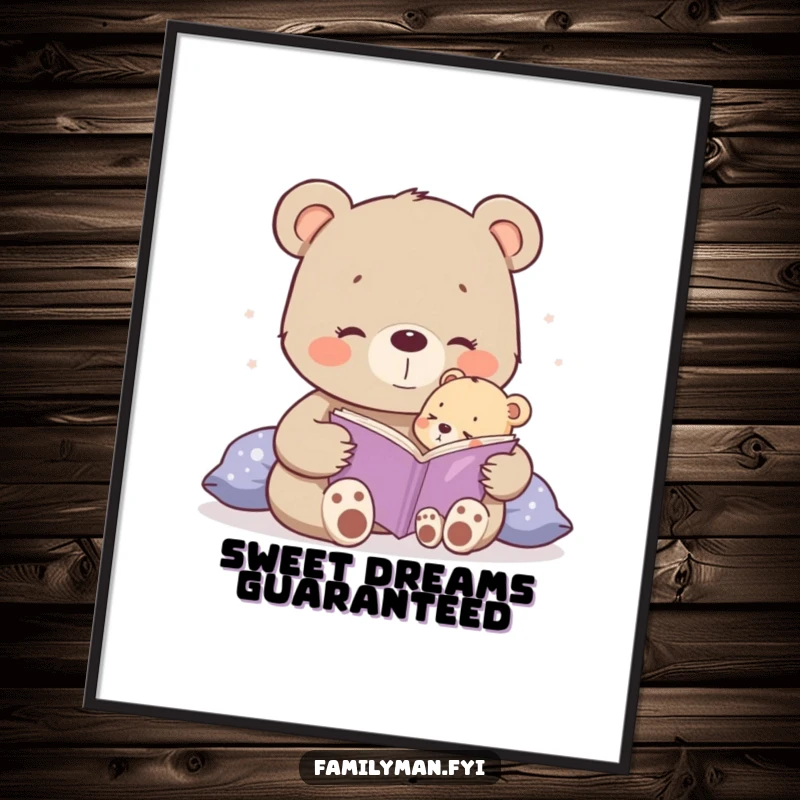 Funny happy bear cub reading a bedtime story to a tiny cub, whimsical wall art poster.