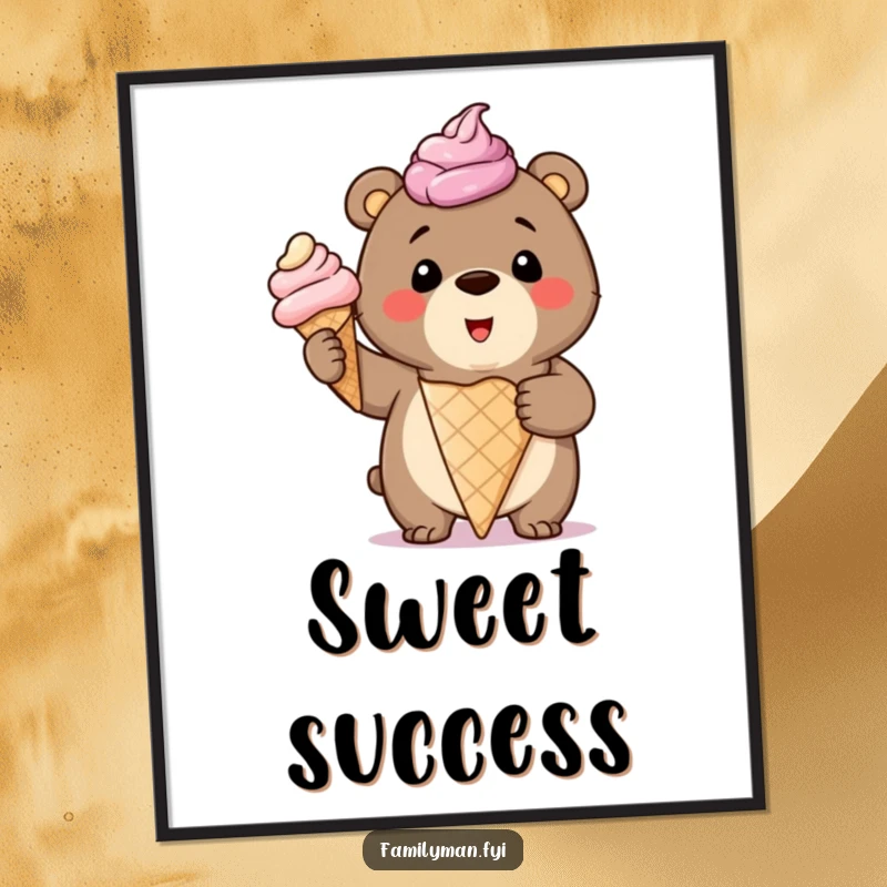 Funny Poster featuring a smiling bear cub proudly holding a giant, overflowing ice cream cone, creating a cheerful atmosphere.