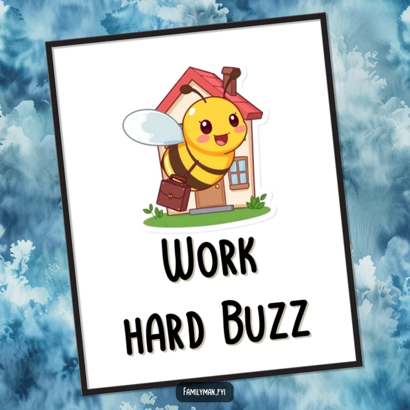 Funny poster of a busy bee with a briefcase, buzzing around a tiny, bustling house, representing hard work.
