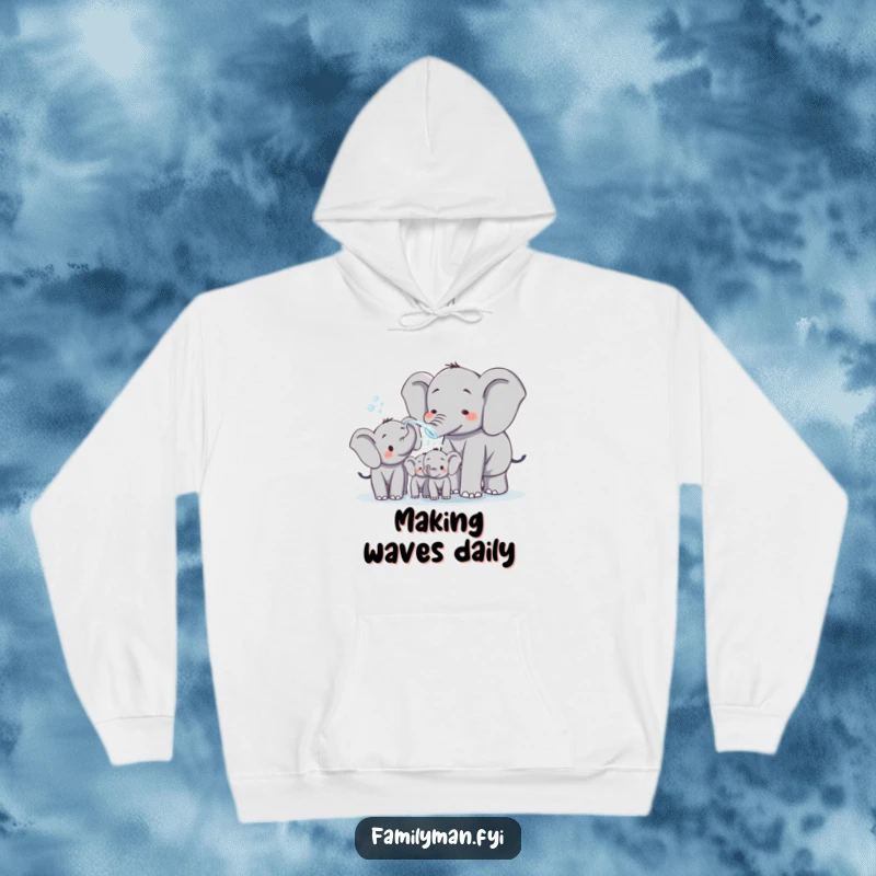 Funny dad elephant spraying water on his family, depicted on a cozy hoodie. A warm and humorous design celebrating fatherly playfulness.
