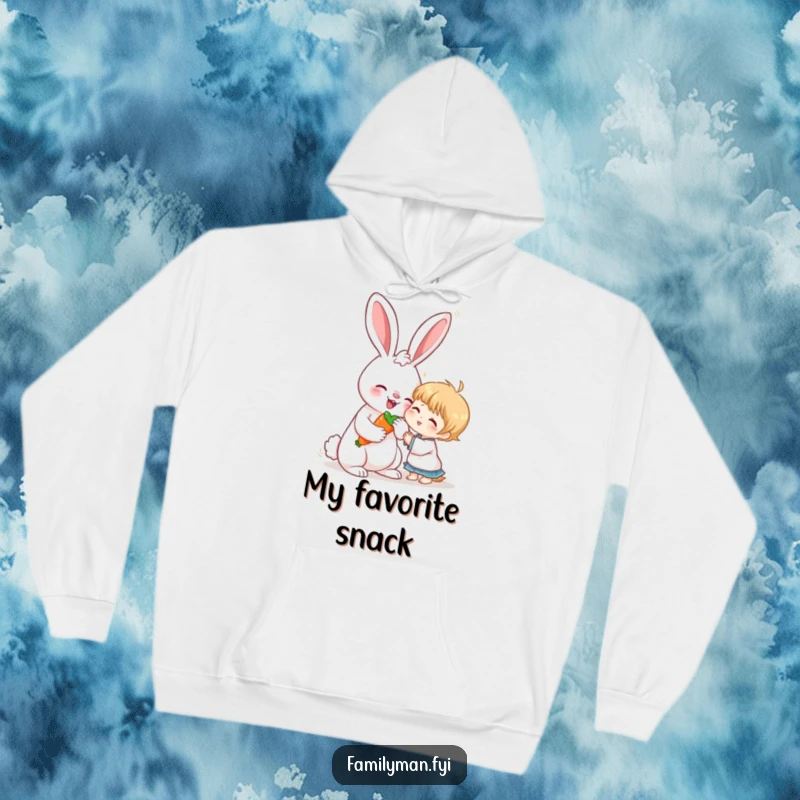 Funny hoodie depicting a loving rabbit sharing a carrot with a child, radiating warmth, kindness, and adorable companionship.