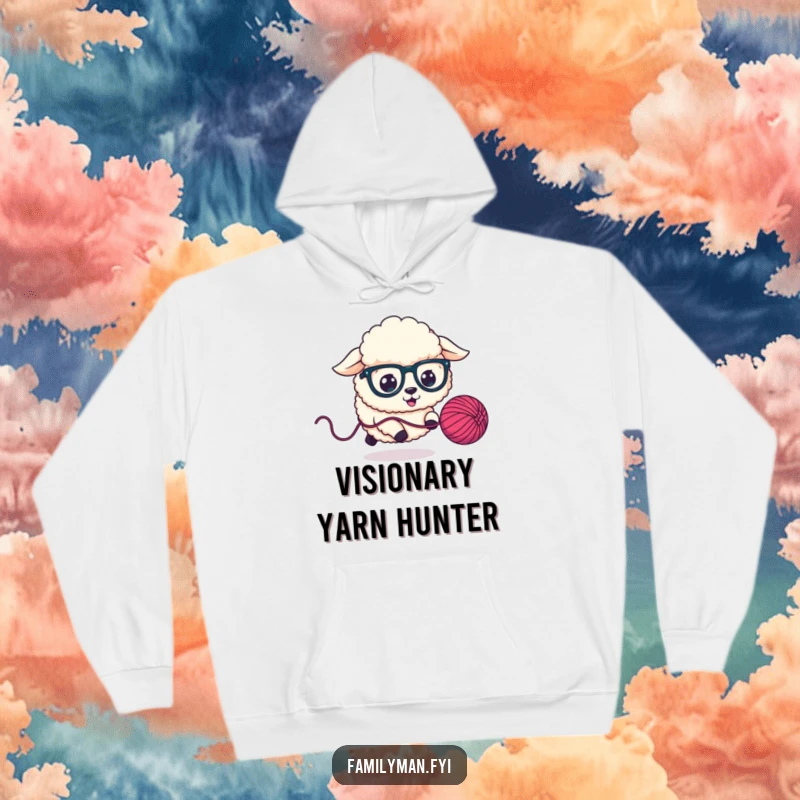 Funny Hoodie showcasing a fluffy sheep dog in oversized glasses hilariously chasing a bouncing yarn ball, radiating pure fun.